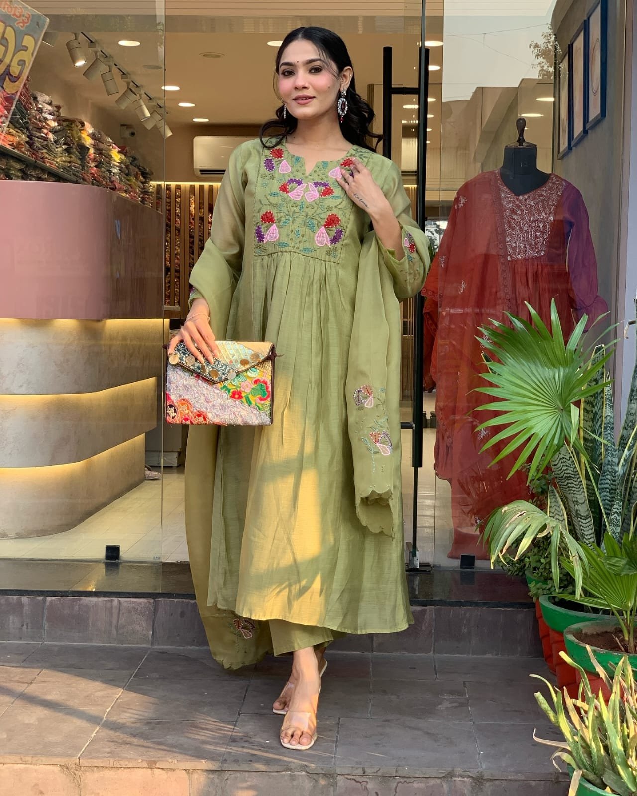 Embroidered Cotton Kurti Pant Set with Organza Dupatta